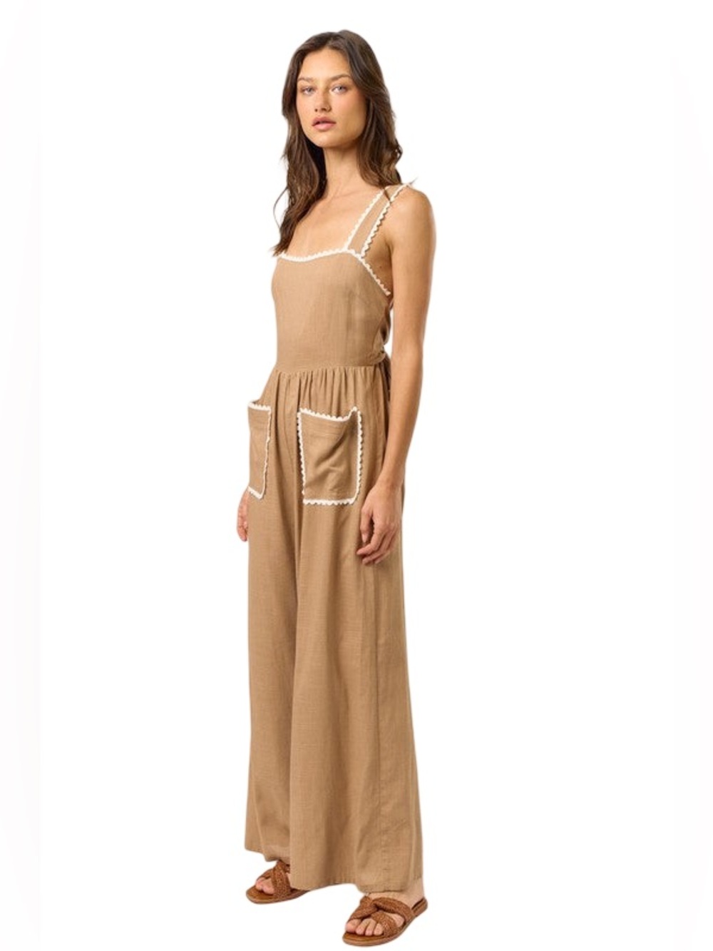 🤎🥥 Vici Tan Wide-Leg Jumpsuit with White Scalloped Lace Pocket Trim W POCKETS 🥥🤎
